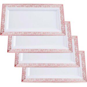 Plastic Serving Tray & Platter Set (4pk) White & Rose Gold Lace Disposable